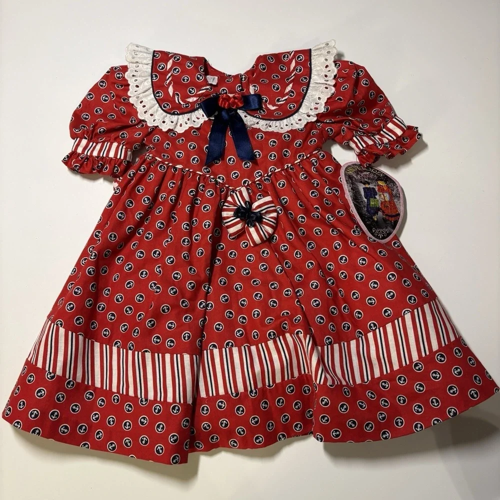 Girls Red Polka Dot Cotton Dress with Navy Bow